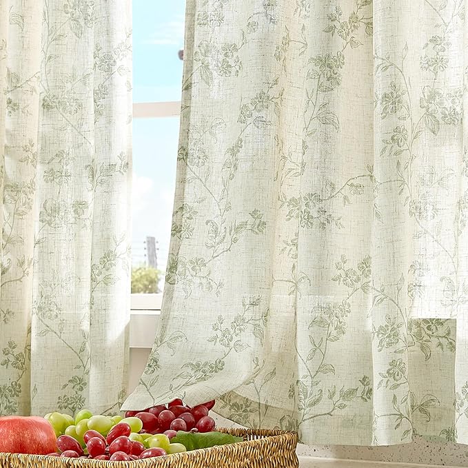 Lazzzy Elisa Floral Kitchen Curtains 36 Inch Linen Cafe Curtains Farmhouse Half Window Drapes Over Sink Light Filtering for Small Windows Rod Pocket Back Tab 2 Panels Green on Beige