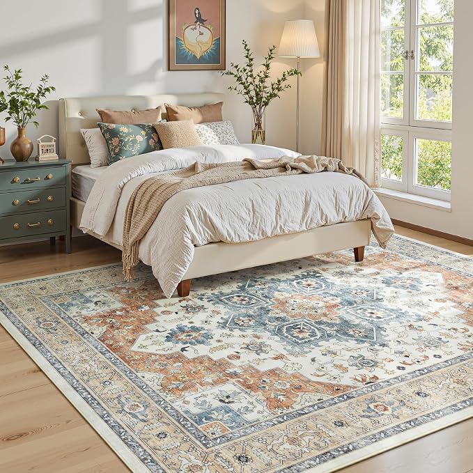 Oriental 8x10 Rug for Living Room - Washable Distressed Boho Extra Large for Bedroom, Low-Pile Non Slip Soft Faux Wool Carpet for Dining Room, Playroom, Neutral Beige and Orange Floral Rug
