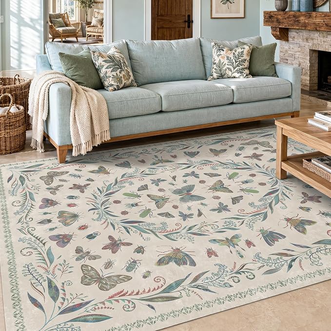 Lunasun Beige Green Rugs for Bedroom Under Bed - 6x9 Area Rug for Living Room, Dining Room, Kids Playroom, Fun Insect Cute Décor,Ultra Soft Non Slip Stain Resistant