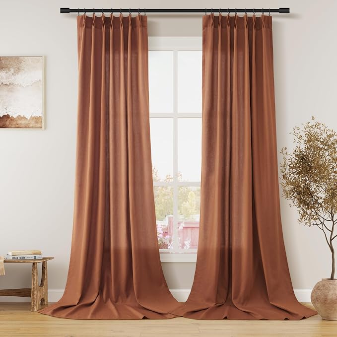 Aersas Rust Linen Pinch Pleated Extra Long Curtains 108 Inches Long for Living Room Pinch Pleat Drapes Back Tab Neutral Farmhouse Country 108 Inch Curtain for Dining Bedroom