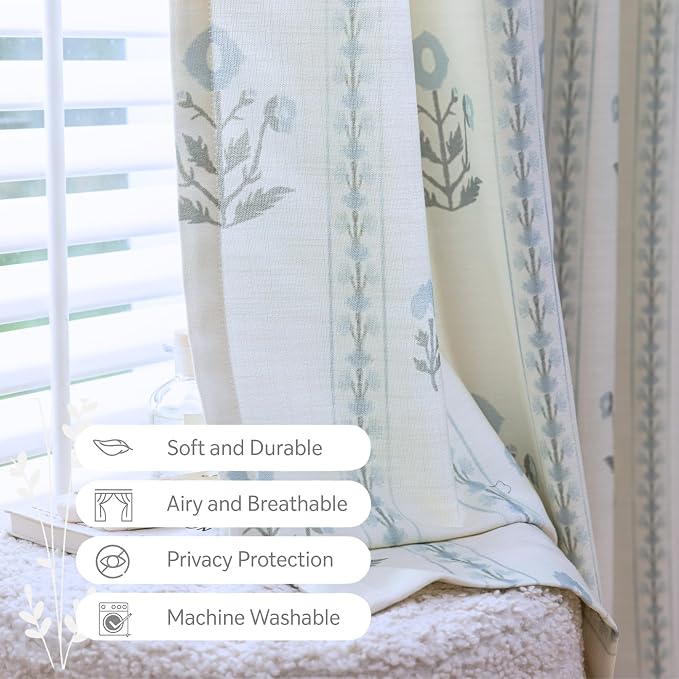DrapePalette - Linen Blend Pinch Pleated Curtains 108 Inches Long for Living Room, Bedroom, Dining Room, Light Filtering Curtains 2 Panels Set, Modern Floral Printed Design, Antique White 30"W x 108"L