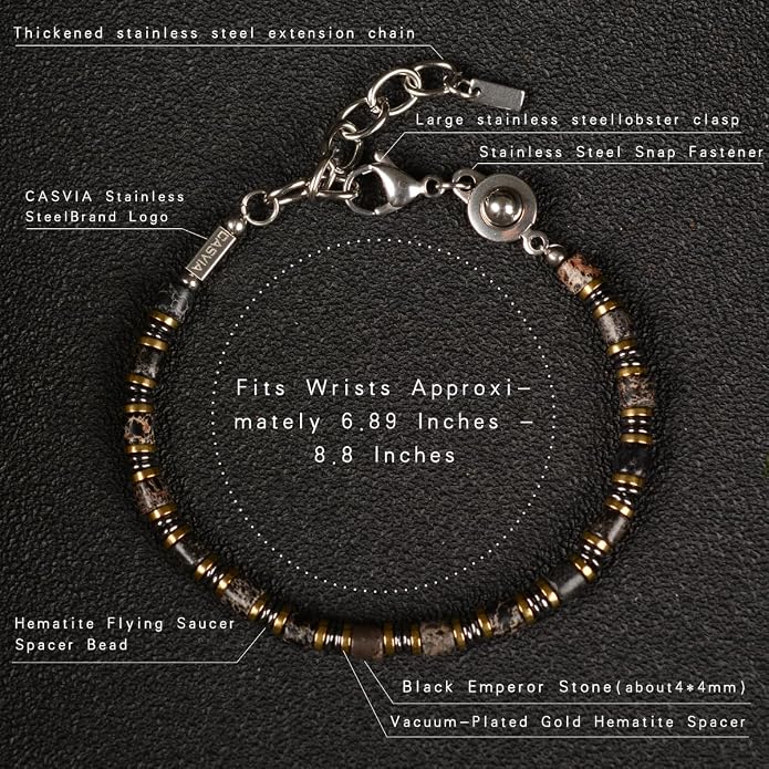 Nightfall Glow Hematite Bracelet for Men, Emperor Stone Beaded Bracelet, Handcrafted Original Design, Adjustable Stainless Steel Bracelet 6.89-8.8 Inch, Stackable Wrist Bracelet, Birthday Gift for Men Dad Boyfriend