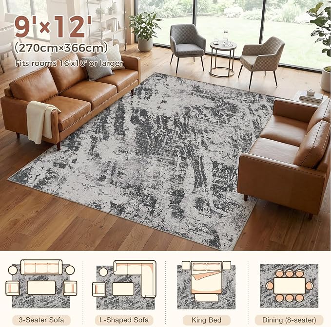 DMOYEST 9x12 Washable Area Rug: Abstract Modern Non-Slip Carpet, Soft Low Pile Indoor Neutral Easy Clean Floor Rugs for Living Room Bedroom Dining Room Kids & Pets - Black