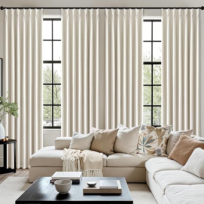 MIULEE Natural Pinch Pleated 100% Blackout Linen Curtains 92 Inch Length 2 Panels Set, Black Out Memory Trained Pleat Curtains Light Blocking Room Darkening Drapes for Bedroom Living Room Window