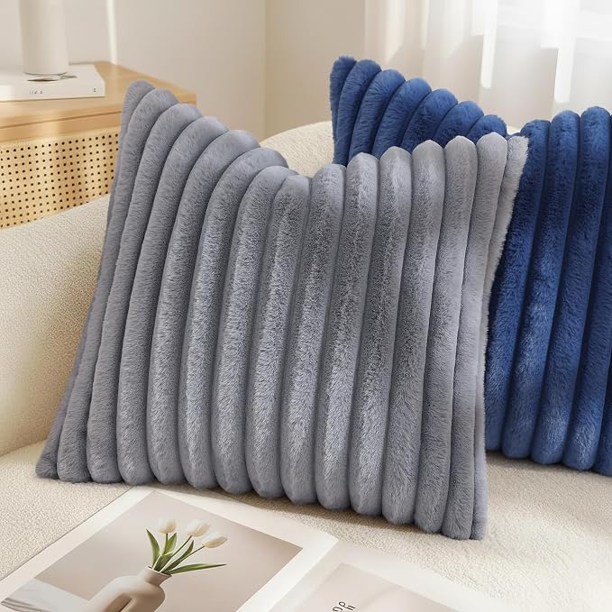 decorUhome Fall Faux Fur Throw Pillow Covers 24x24 Set of 2 Grey | Decorative Soft Cozy Striped Plush Modern Farmhouse Boho Couch Pillow Cases Velvet Back for Sofa Bed Living Room Home Decor