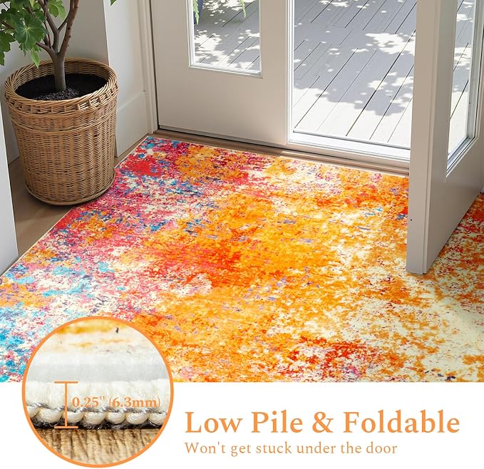 Rugflix 3x5 Entrance Rugs, Entry Rug Washable Non-Slip Stain-Resistant Low Pile, Small Modern Dark Carpet for Living Room Bedroom Indoor, Rainbow