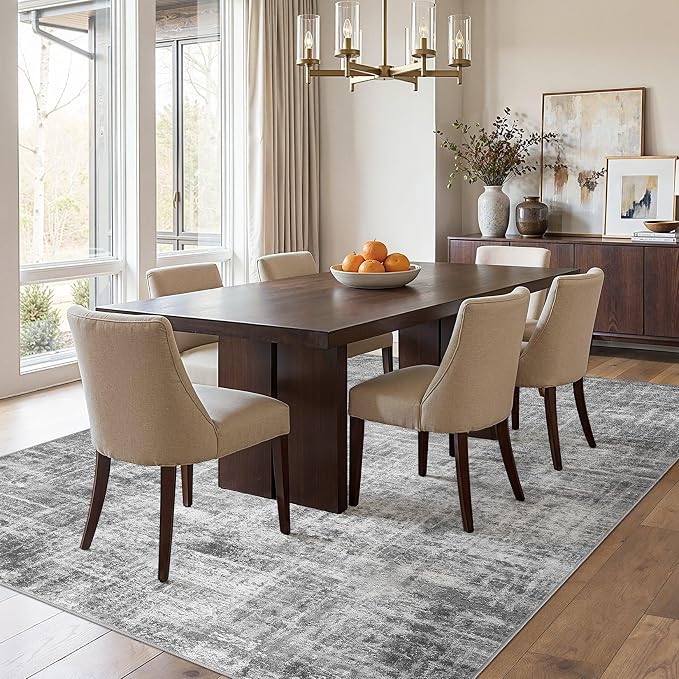 Washable 6x9 Area Rug for Living Room - Modern Abstract Carpet with Non-Slip Backing, Low Pile & Soft, Stain Resistant, Kid & Pet Friendly Decor for Bedroom & Dining Room - Black Grey