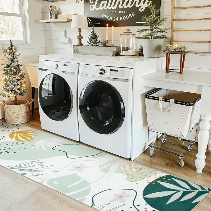 Lahome Green Runner Rugs for Hallway 2x8 Non-Slip Washable Kitchen Rugs Lightweight Low-Pile Throw Laundry Runner Rug, Boho Botanical Print Soft Indoor Carpet Runner for Entryway Bedroom Bathroom