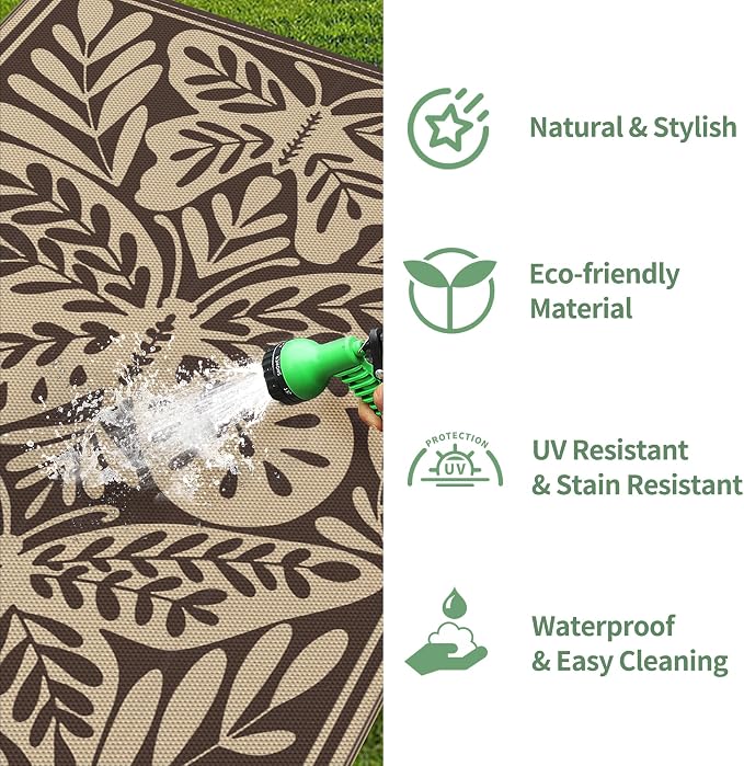 GENIMO Outdoor Rug, Waterproof Plastic Rugs for Patio, 6'x9' Latte Beige | Outside Larger Leaf Carpet Mat for Porch Decor, Deck, Balcony, Camping, RV, Backyard, Picnic, Beach, Reversible, Foldable