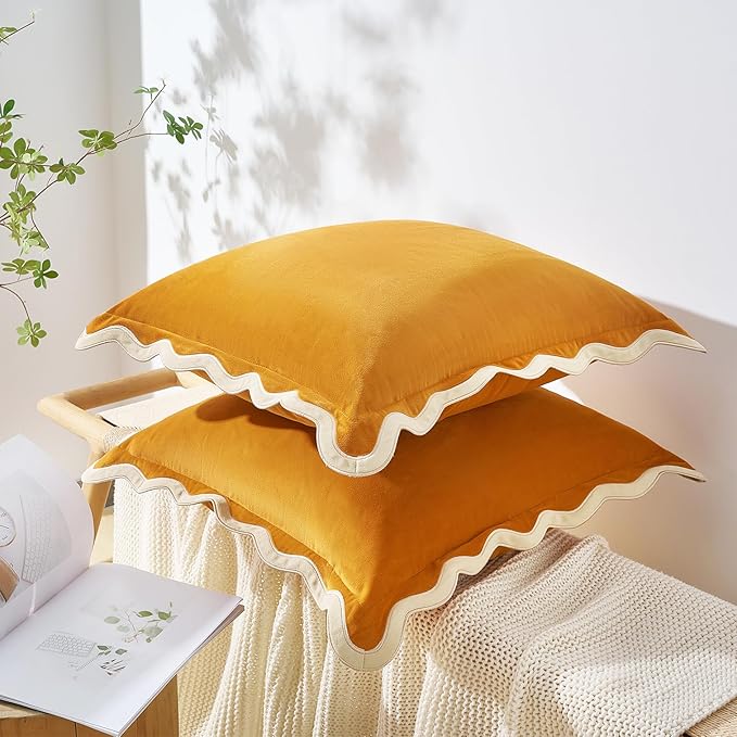 MONDAY MOOSE Decorative Throw Pillow Covers Cushion Cases, Set of 2 Soft Velvet Scalloped Wavy Edge Designs, Mix and Match for Home Decor, Pillow Inserts Not Included (18x18 inch, Cream/Honey)