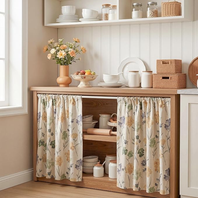 MYSKY HOME Floral Linen Kitchen Tier Cafe Curtains 36 Inch Length 2 Panels Farmhouse Semi Sheer Privacy Small Window Treatments Rod Pocket for Bathroom Basement, Sage Green, 30" Each Panel