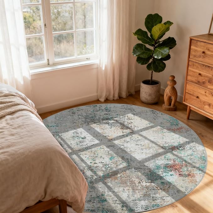 ROYHOME Modern Abstract 6x6 Round Area Rug Non Slip Non Shedding Rug Low Pile Stain Resistant for Bedroom Living Room Office Dining Room,Colorful