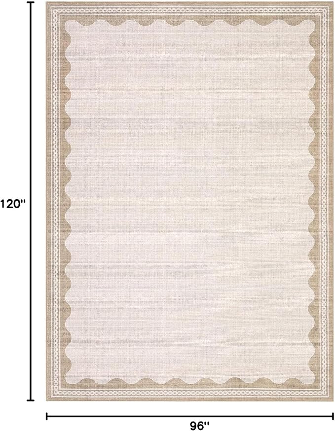 GarveeHome Scalloped Beige 8x10 Rug for Living Room Washable Non-Slip Solid Modern Minimalism Low-Pile Carpet 8 x 10 Rug for Bedroom Dining Nursery Mat with Rubber Back