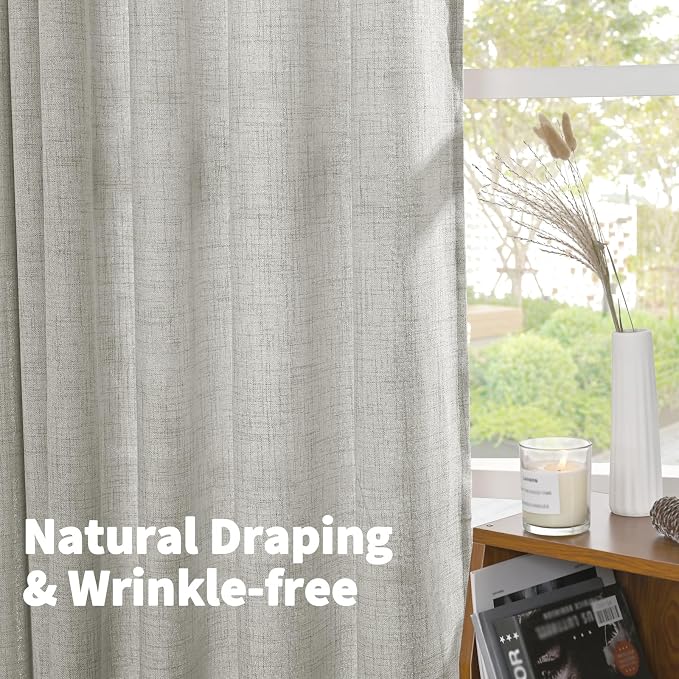 YoungsTex Linen Curtains 54 Inch Length Light Grey Textured Curtains with Bronze Grommet Light Filtering Drapes for Living Room Bedroom, 52 x 54 Inch, 2 Panels