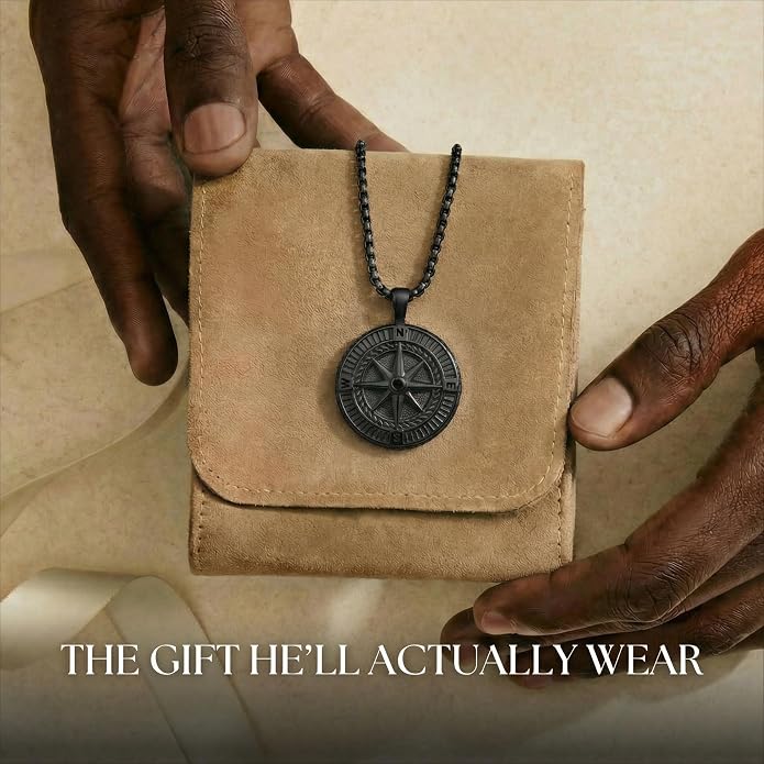 Galis Mens Necklace - Premium Stainless Steel Silver Chain Necklace, Non Tarnish, Chains, Triangle, Cross, Black Enamel, Compass Pendant, Stylish Jewelry - Gift for Him 24"