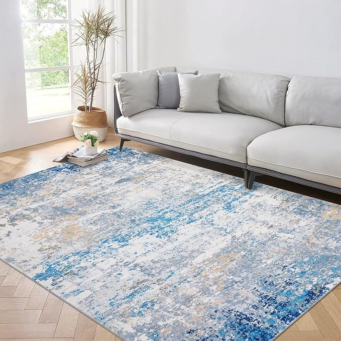 ROYHOME 6x9 Modern Abstract Area Rug, Blue/Grey | Non Slip Non Shedding Low Pile Stain Resistant Rug Soft Carpet for Bedroom Living Room