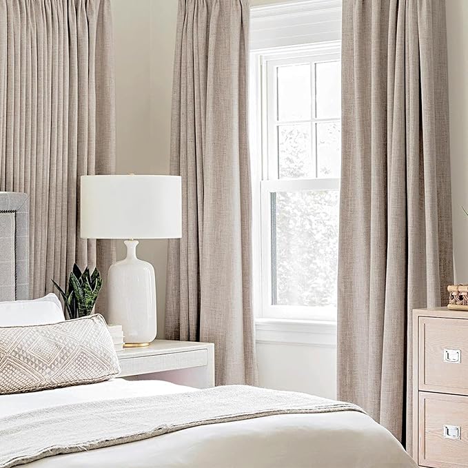 MIULEE Linen Texture Curtains for Bedroom Solid 100% Blackout Thermal Insulated Khaki Curtains Grommet Room Darkening Drapes Luxury Decor for Living Room 52x96 Inch (2 Panels)