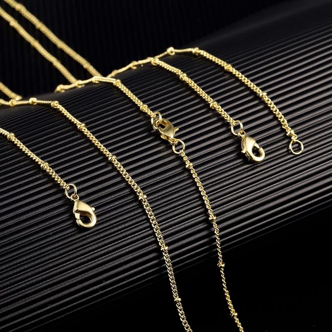 ALEXCRAFT Wholesale 12PCS Gold Plated Solid Brass Satellite Beaded Curb Thin Chain Necklace Bulk for Jewelry Making (18 Inch(1.5mm))