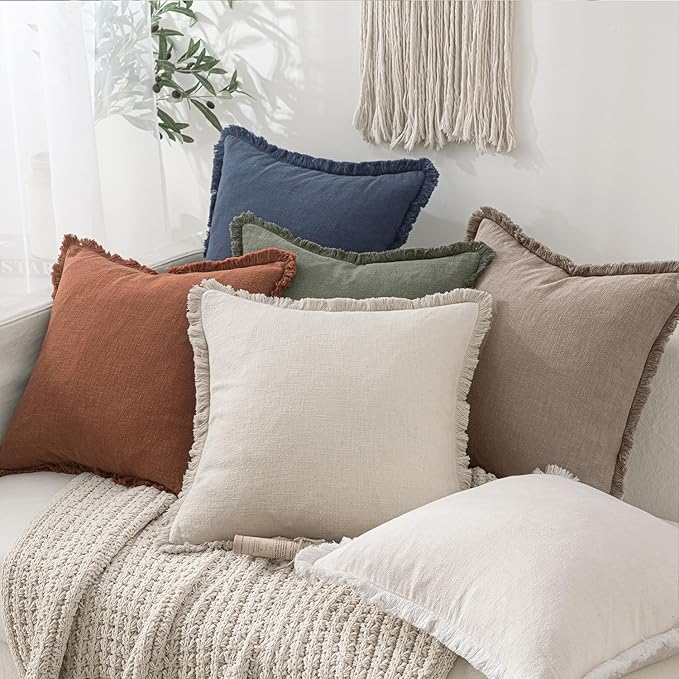 MIULEE Decorative Throw Pillow Covers Neutral Linen Fringe Throw Pillows Euro Shams Set of 2 Dune Boho Farmhouse Cushion Covers for Couch Sofa Bed Living Room Fall Home Decor 22x22 Inch