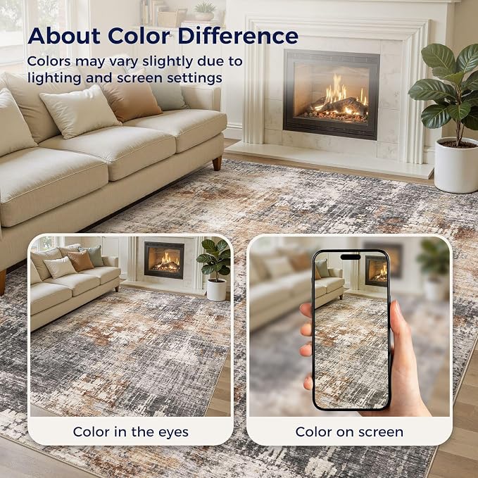 DMOYEST Area Rug Living Room Rugs - 10x11 Washable Large Soft Indoor Neutral Modern Abstract Low Pile Rug Carpet for Bedroom Dining Room Farmhouse Home Office - Grey Brown