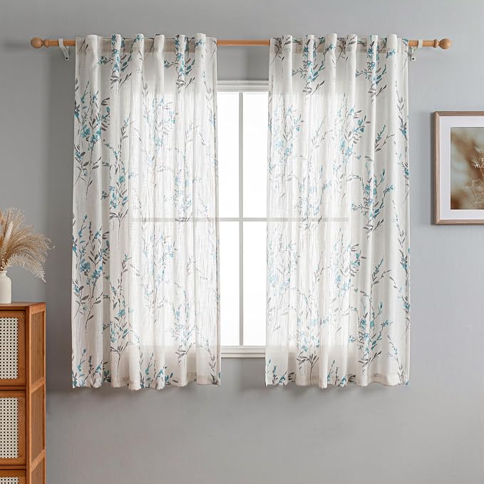 MYSKY HOME Sheer Curtains 63 Inch Length 2 Panels for Bedroom Floral Natural Linen Blended Curtains Light Filtering Privacy Protect Farmhouse Pattern Drapes Window Treatment for Living Room, Teal