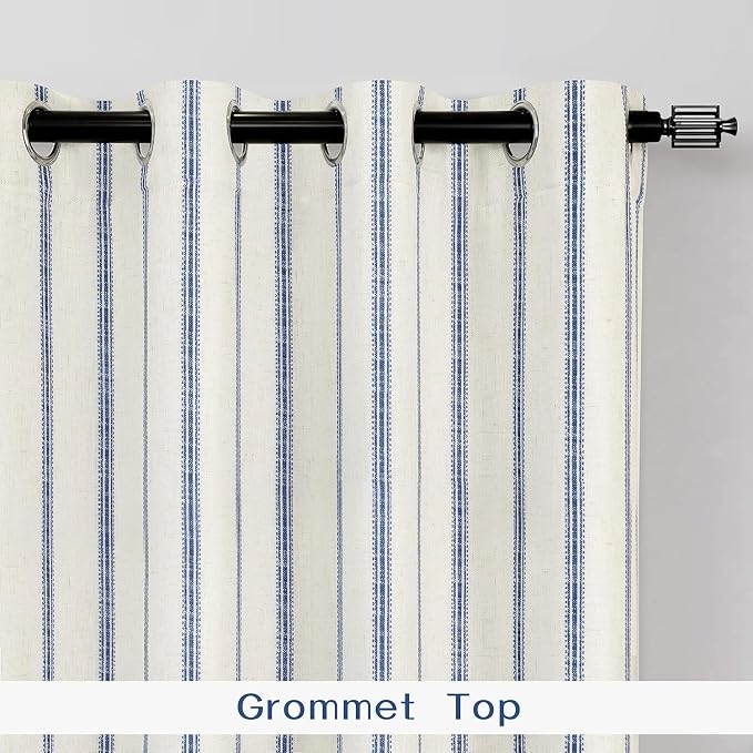 DriftAway Farmhouse Stripe Blackout Curtains, Grommet, W52xL45, Navy Blue | Blackout, Linen Texture, Stripe Pattern, Rod Pocket & Back Tab, Two Layers, Bedroom Living Room Use, Sound Reducing Design