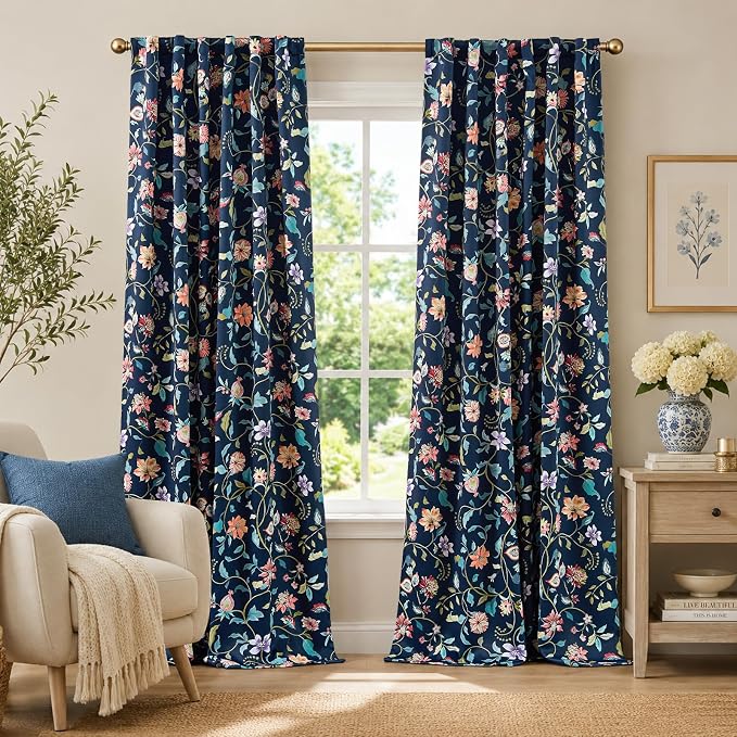 jinchan Dark Blue Floral Blackout Curtains 96 Inch Back Tab 2 Panels | Room darkening, light blocking, elegant vintage drapes, botanical floral print, bedroom, living room, window treatment