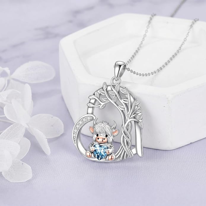 PELOVNY Teddy Bear Necklace for Women 925 Sterling Silver Bear/Highland Cow/Fox/Cat/Axolotl Birthstone Necklace Christmas Birthday Jewelry Gifts for Mom Daughter Wife Sister