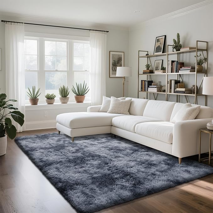 Fluffy Rug Shag Area Rug, Mottling Dark Grey 4x6 Area Rugs for Bedroom, Small Bedside Rug, Soft Fluffy Shag Entryway Throw Rugs for Living Room Bedroom Room Home Decor