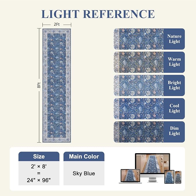DUKINO 2x8 Runner Rug, Washable Vintage Floral Kitchen Rugs, Sky Blue | Non Slip, Low Pile, Stain Resistant Aesthetic Soft Carpet Runner for Hallway Bathroom Entryway Bedroom Farmhouse Laundry Room