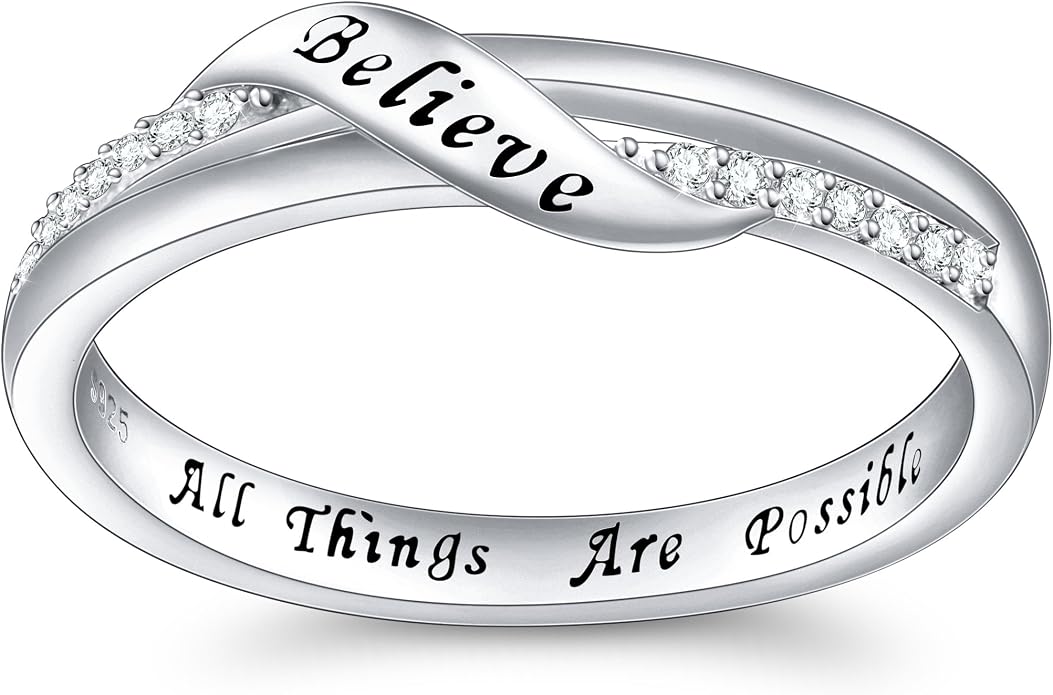 DAOCHONG Inspirational Jewelry Sterling Silver Engraved Believe All Things are Possible Band Ring for Women Girlfriend, Size 5-10