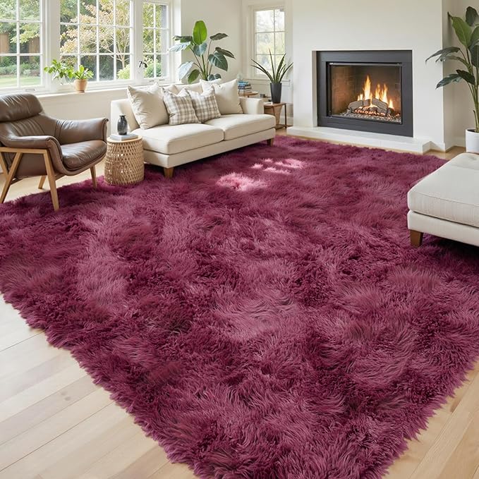 Area Rugs 9x12 Living Room, Large Area Rug Shaggy Carpet Soft Plush Furry Bedside Rug, Machine Washable Area Rugs for Bedroom Home Decor Non-Slip(9 x 12, Burgundy)