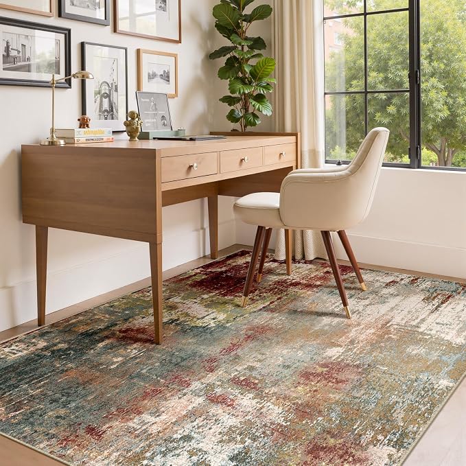 RELEANY Washable Area Rugs 4'x5' Non-Slip Modern Abstract Soft for Living Room Entryway Bedroom Kitchen, Print Pattern, Brown Rust Red Green Blue Multi