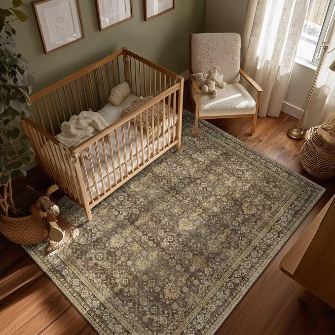 Boho Washable 5x7 Area Rugs for Living Room, Cushioned, Deep Brown | Vintage Non-slip Rugs for Bedroom Dining Room Nursery Office, 0.3" Neutral Oriental Throw Thin Carpet, Deep Brown/Beige