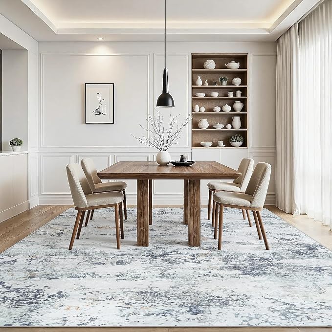 9x12 Area Rugs Living Room Rug Modern Abstract Neutral Washable Rugs Non Slip Soft Carpet Large Area Rug Low Pile Stain Resistant Non Shedding for Bedroom Nursery Dining Room Home Office Blue Grey