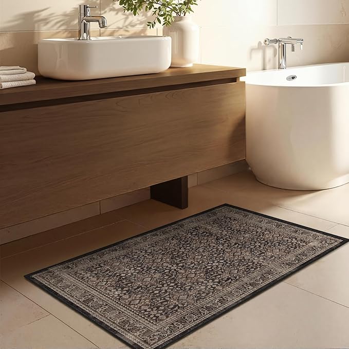 2x3 Washable Entryway Rug, Non Slip Thin Door Mat Indoor Entrance, Vintage Small Rugs for Bathroom/Kitchen/Bedroom, Moroccan Floral Trellis Entry Rugs for Inside House, Dark Wood Brown Black