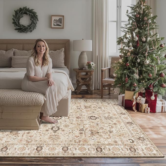 Washable Rugs for Living Room: 6x9 Area Rugs for Bedroom Ultra Soft Non-Slip Stain Resistant Vintage Boho Large Carpet for High-Traffic Dining Room - Farmhouse Decor