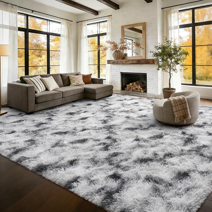 9x12 Extra Large Area Rugs for Living Room, Shaggy Non-Slip Tie-Dyed Rugs for Bedroom Kids Playroom Dorm Room, High Pile Ultra Soft Carpet, Black White