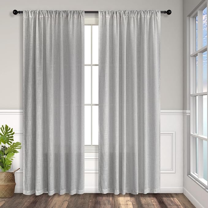 Grey Curtains 72 Inch Length for Bedroom 2 Panels Back Tab Rod Pocket Semi Sheer Energy Efficient Light Gray Linen Curtains for Living Room Master Bedroom Burlap Rustic Farmhouse 52x72 Inches Long