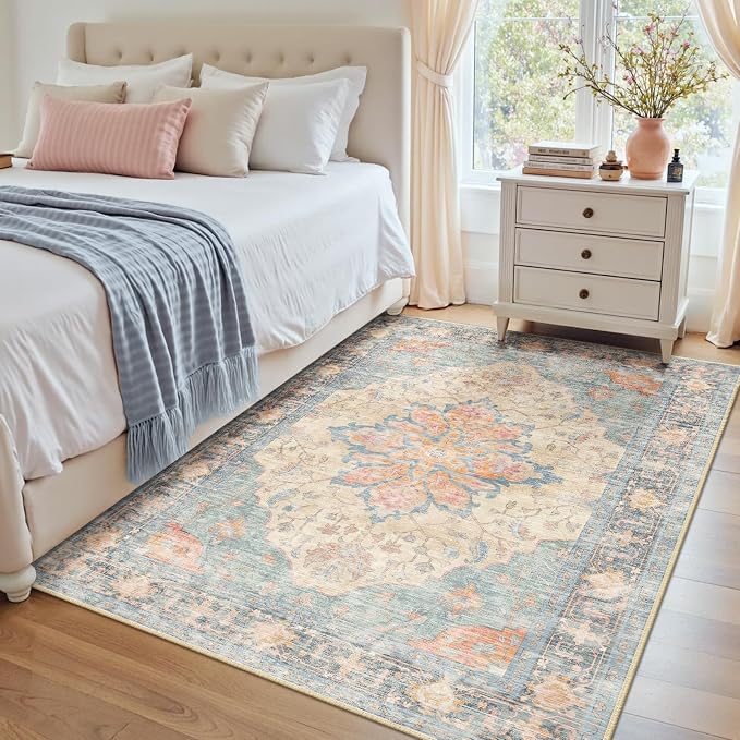 RELEANY Area Rugs 4'x5' Washable Non-Slip, Floral Vintage Distress Medallion Carpet for Living Room Bedroom Dining Room, Blue Orange Red