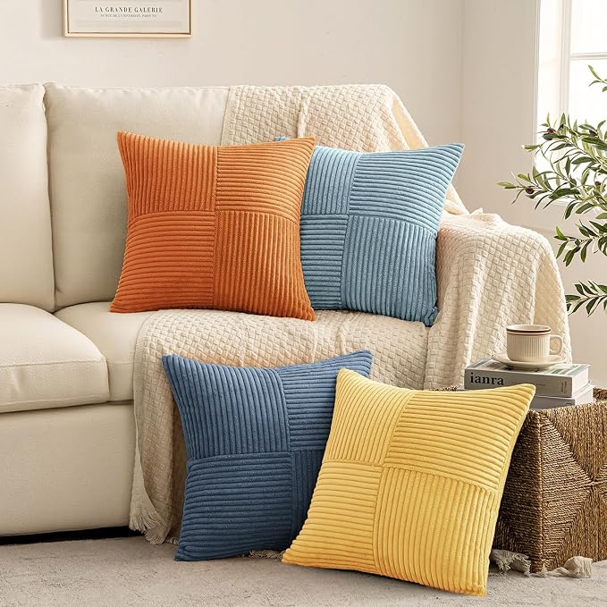 MIULEE Summer Yellow Blue Decorative Throw Pillow Covers 18x18 Inch Set of 4 Soft Corduroy Boho Patchwork Pillow Covers Modern Farmhouse Bright Home Decor for Sofa Living Room Couch Bed