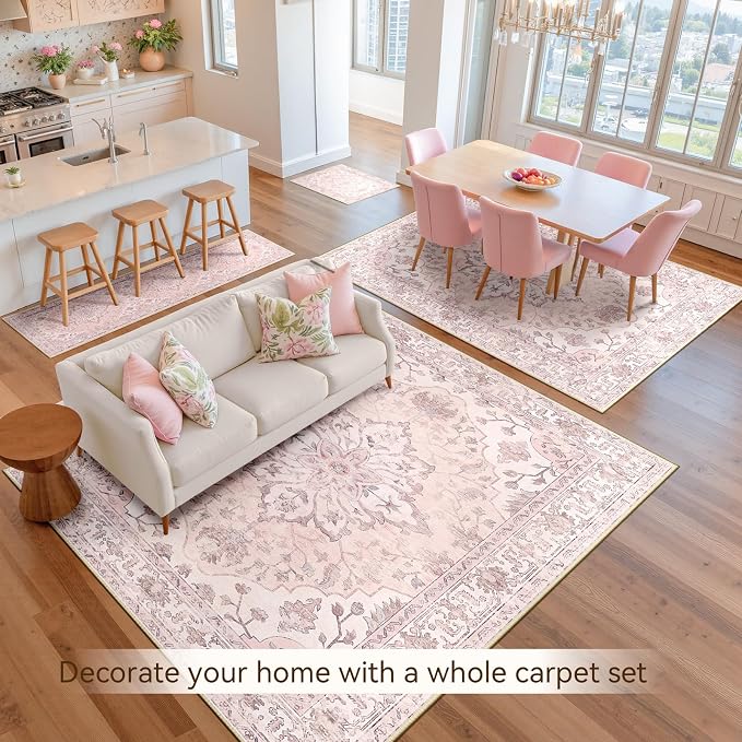 RELEANY Area Rugs 7'x9' Washable Non-Slip, Floral Vintage Distress Medallion Carpet for Living Room Bedroom Dining Room, Pink Greypink Cute