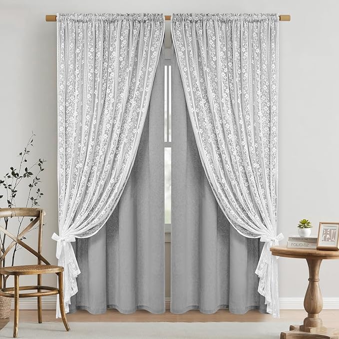 ASPMIZ Linen Curtains for Bedroom, Double Layered Curtain for Living Room Farmhouse Curtain 63 Inch Length 2 Panels Set, Rustic Curtains & Drapes Rod Pocket with Tiebacks, 52 x 63 Inch, Grey