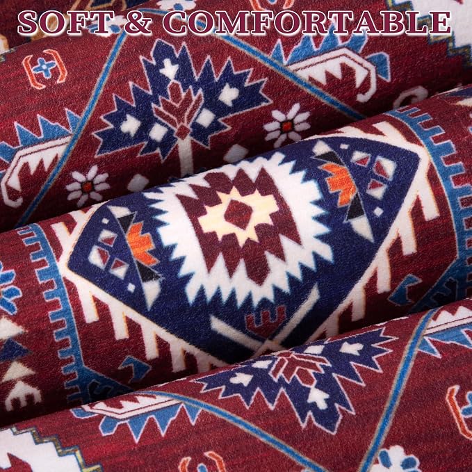 SERISSA 9x12 Area Rugs for Living Room, Large Washable Non-Slip Boho Rug, Ultra Soft Vintage Burgundy Navy Oriental Tribal Print Distressed Carpet for Dining Room Bedroom Dorm Office Home Decor