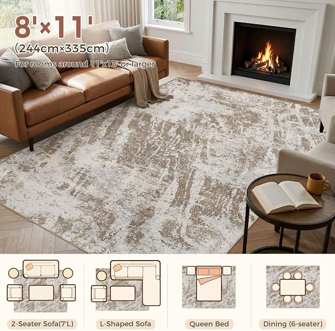 DMOYEST 8x11 Washable Area Rug: Abstract Modern Non-Slip Carpet, Soft Low Pile Indoor Neutral Easy Clean Floor Rugs for Living Room Bedroom Dining Room Kids & Pets - Brown
