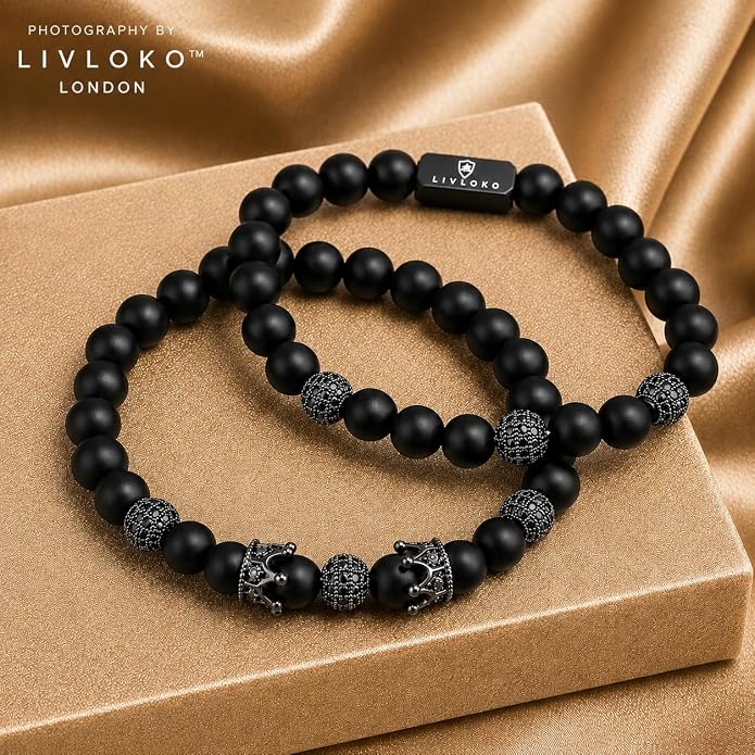 LONDON Mens Bracelet Leather Black Multi-Layer Stone Beads Adjustable Steel Clasp Viking Rope Bands Surfer Man Wristband Male UK Jewellery Gift box Boyfriend Dad Son Brother Tiger Eye