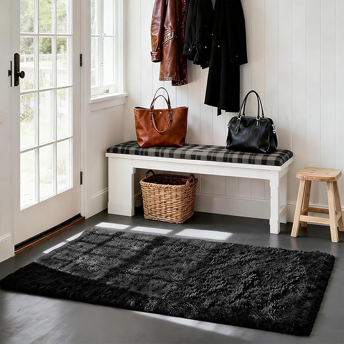 Soft Runner Rugs for Bedroom, Black 2x6 Area Rugs Fluffy Rug Shag Area Rug Carpet, Bedside Rug for Living Room Bedroom Room Home Decor