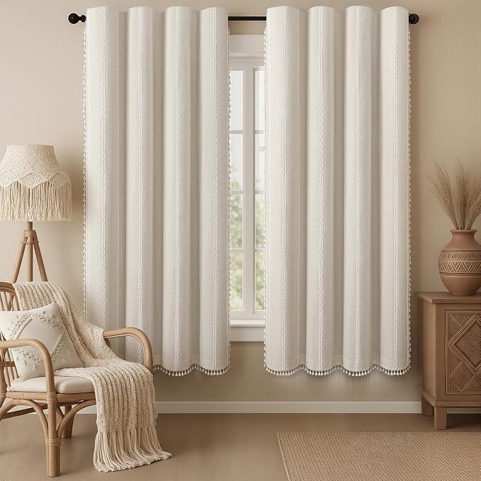 Ivory Boho Blackout Curtains 2 Panels 72 Inch for Living Room Bedroom, Beige Linen Texture Farmhouse Curtains with Tassels and Cotton Embroidery Vintage Rustic Western Rod Pocket
