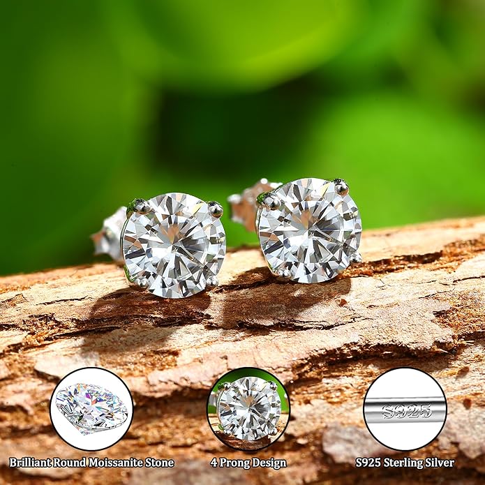 Moissanite Stud Earrings : 18K White Gold Plated Solid 925 Sterling Silver Earring Hypoallergenic Dainty Flat Back Stud Earrings Jewelry for Women Men D Color VVS1 Clarity