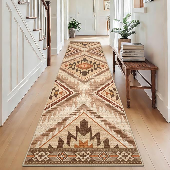 2x10Ft Boho Hallway Runner Rugs Non Slip, Light Brown Washable Kitchen Rug Runners, Soft Low Pile Geometric Moroccan Farmhouse Entryway Floor Carpet for Bedroom Home Decor